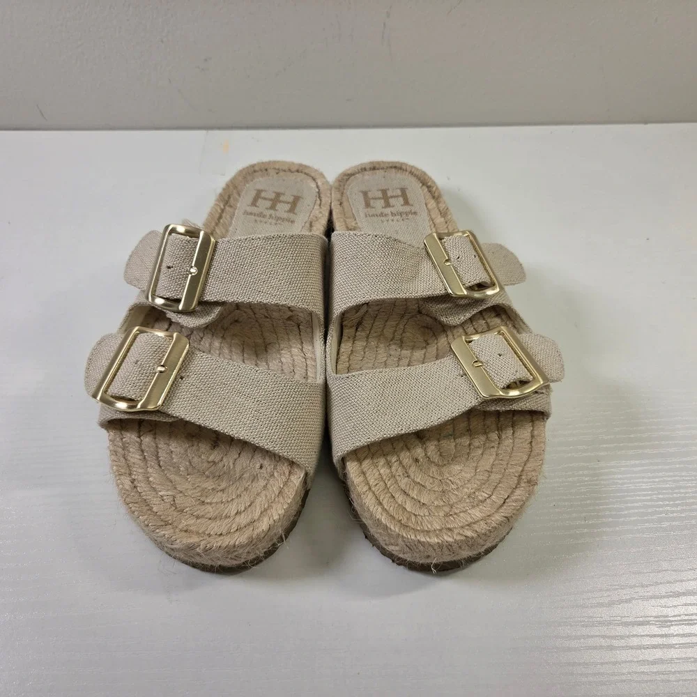 Haute Hippie Style Nikki Espadrille Slide Sandals Beige Gold Buckle womens 9M